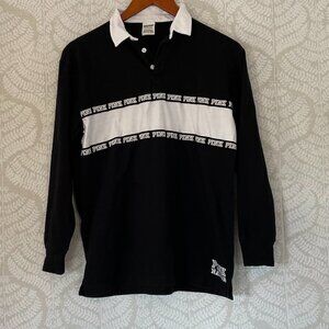 Victoria's Secret PINK Black White Rugby, Stripe Long Sleeve Polo Collar, Size S